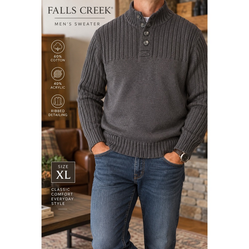Falls Creek Mens XL Gray Ribbed Mock Neck Button Sweater Cotton Blend Knit
